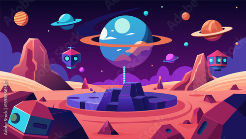 A course set on a virtual alien planet with unpredictable terrain and obstacles that mimic the landscape of an extraterrestrial world.. Vector illustration