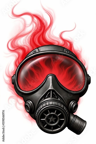 Stylized black gas mask with red tinted lenses and fiery flames extending outward, featuring a star emblem on the central filter against a white background.
