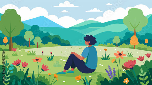 A lush meadow dotted with colorful wildflowers where a person sits a them lost in thought as they jot down their reflections.. Vector illustration