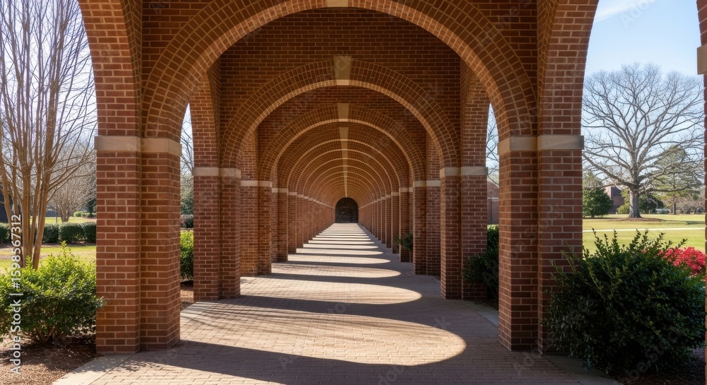 Fototapeta premium An endless brick archway corridor with sunlight casting dramatic shadows on the walkway, leading to a distant tree