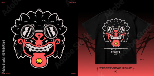 Cartoon mascot face with racing glasses braces and acid smile. Streetwear print of teenager boy with pill on tongue, long hair and tattoo cross. Isolated on black background