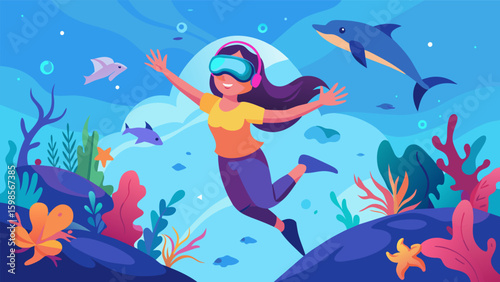 A girl jumps with glee as she virtually swims with dolphins and explores a colorful coral reef in a VR underwater adventure game.. Vector illustration