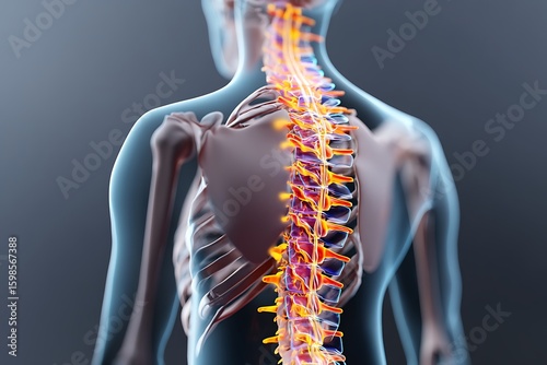 Spine anatomy with spinal cord and vertebrae is shown in a detailed medical illustration.