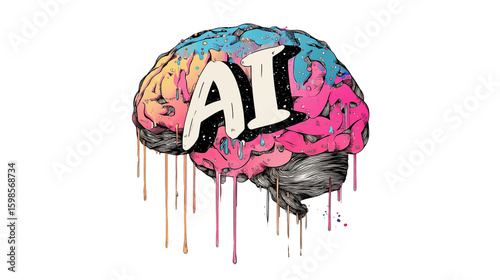 Colorful dripping AI brain illustration cut-out isolated on transparent background