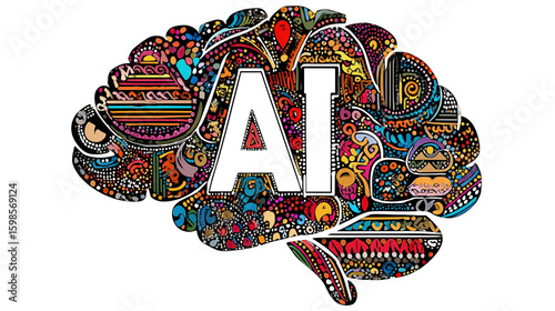 Colorful AI brain illustration with doodle patterns cut-out isolated on transparent background