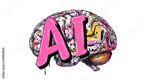 Vivid AI brain illustration with paint splatters cut-out isolated on transparent background