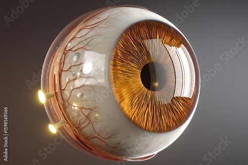 Detailed human eye anatomy with brown iris, showcasing intricate blood vessels and realistic textures.