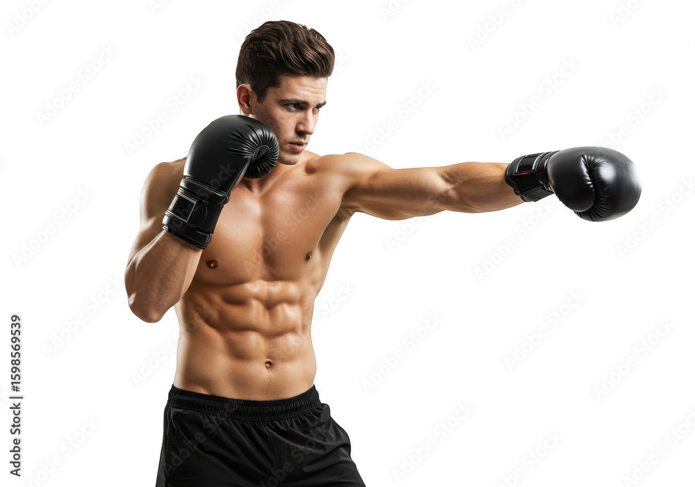 Muscular boxer throwing a punch isolated on transparent background Muscular boxer throwing a punch isolated on transparent background