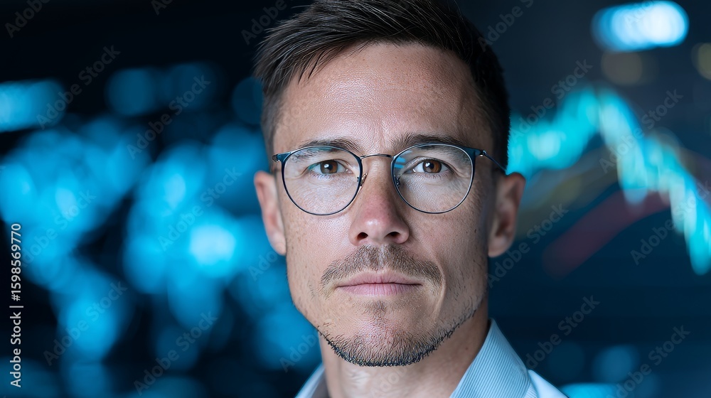 An individual wearing formal attire and glasses, displaying a focused demeanor, stands in front of a digital screen featuring global economic data and maps, implying a deep knowledge of international An individual wearing formal attire and glasses, displaying a focused demeanor, stands in front of a digital screen featuring global economic data and maps, implying a deep knowledge of international