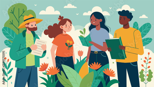A guided tour of a garden where participants learn about different plant species and create botanical illustrations in their sketchbooks.. Vector illustration