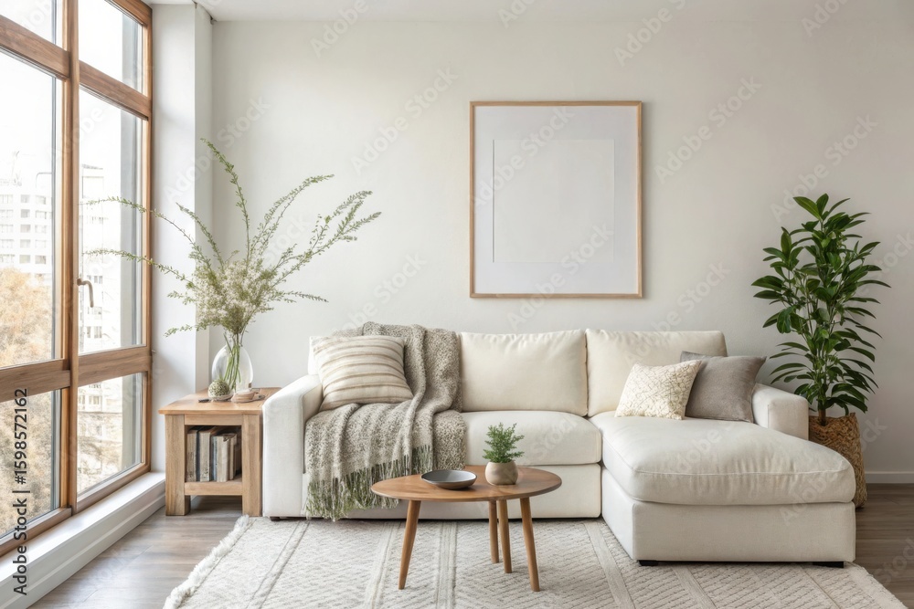 Fototapeta premium Cozy modern living room with a sectional sofa and large window