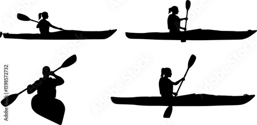 vector silhouettes of a male and female "flat water" kayaking together in a tandem kayak. 2 Vector Silhouettes of a man kayaking and a woman kayaking in a single	