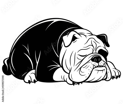 Adorable domestic purebred brown English Bulldog puppy line art silhouette style sitting isolated on white background vector