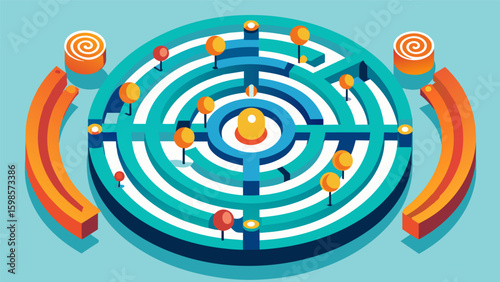 A map of a labyrinth with each pathway representing a different emotional experience leading to a central point of understanding.. Vector illustration