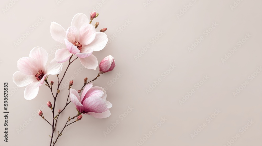 Fototapeta premium In bloom, the gentle pink magnolia blossoms exhibit delicate soft petals and are illuminated by warm light, resulting in an elegant and serene floral atmosphere