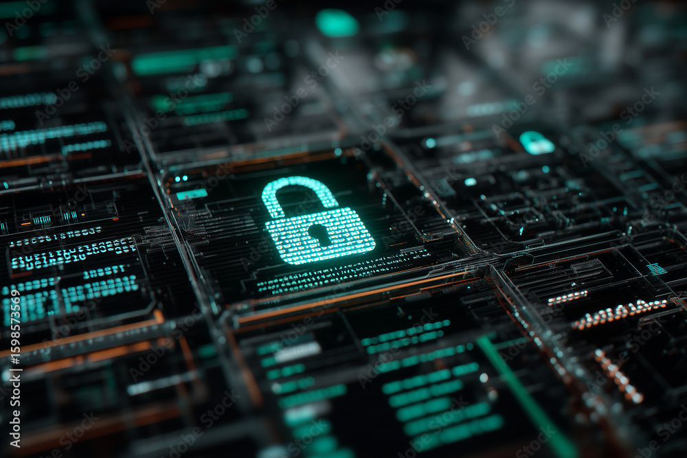 Fototapeta premium Specjalista ds. cyberbezpieczeństwa pracuje przy komputerze, monitorując zagrożenia online. Koncepcja ochrony danych i prywatności w cyfrowym świecie.