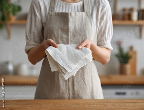 Woman Holding White Linen Napkin Over Table – Blank Cotton Towel Mockup for Eco-Friendly Kitchen, Cleaning, or Natural Product Presentation