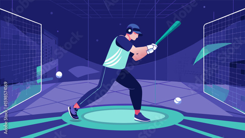 A baseball coach in a digital batting cage using motion capture technology to analyze and improve swing techniques for virtual clinic attendees.. Vector illustration