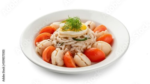 Delectable scallop salad with egg, tomatoes, and fresh herbs, artfully arranged on a white plate.