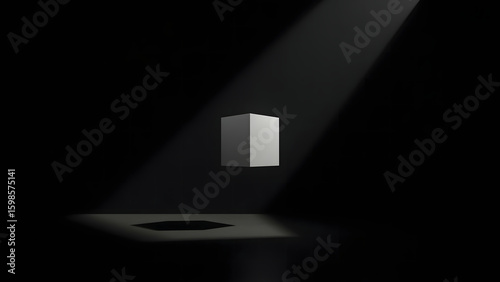 Minimal white cube floating in dark space under spotlight