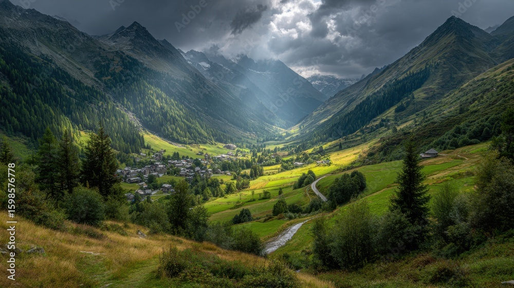 Obraz premium A lush mountain valley unfolds, illuminated by rays of sunlight piercing through dark clouds. A peaceful village nestles among verdant hills, showcasing nature's beauty in every direction.