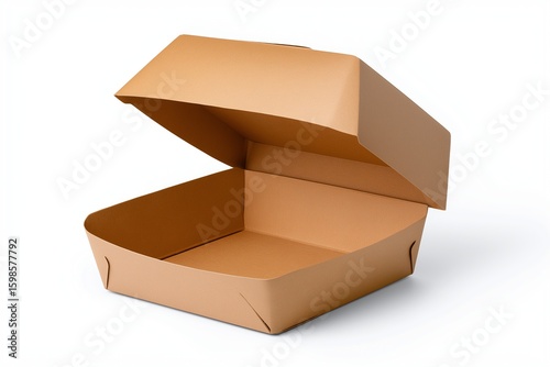 Empty kraft paper burger box with open lid on white background. Minimalist eco-friendly packaging mockup for food delivery, branding, and takeaway concepts.