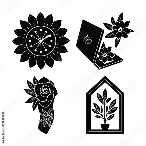 Vector art of a collection of black and white floral and text silhouette designs