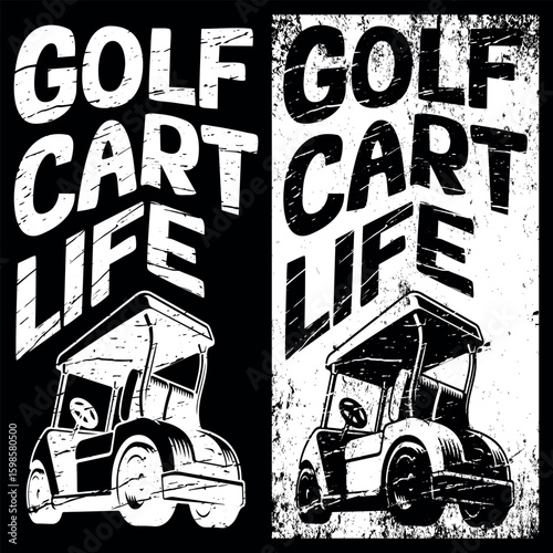 Cool Golf Cart Life design golf car vintage distressed hand-drawn vector clipart graphic Art & Illustration.