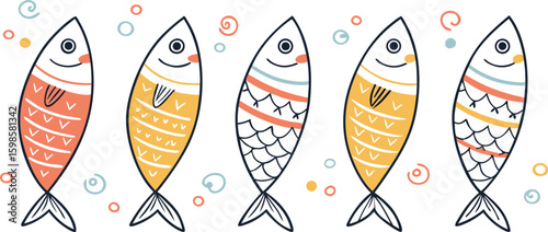 Colorful Hand-Drawn Fish Illustrations vector,Quirky Marine Animal Clipart Set,Cartoon cute fish collection,Fishing vector illustration set,Flat sardine clipart design for kitchen,cooking,packaging,Ai