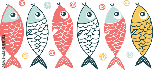 Colorful Hand-Drawn Fish Illustrations vector,Quirky Marine Animal Clipart Set,Cartoon cute fish collection,Fishing vector illustration set,Flat sardine clipart design for kitchen,cooking,packaging,Ai
