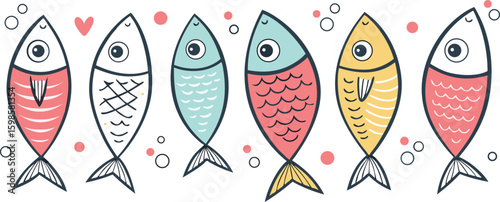 Colorful Hand-Drawn Fish Illustrations vector,Quirky Marine Animal Clipart Set,Cartoon cute fish collection,Fishing vector illustration set,Flat sardine clipart design for kitchen,cooking,packaging,Ai