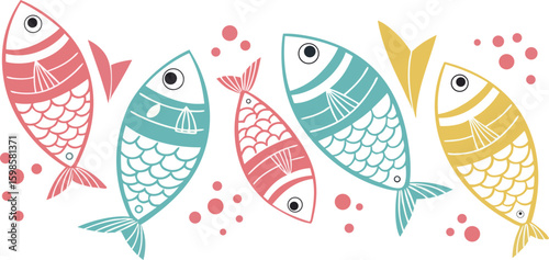 Colorful Hand-Drawn Fish Illustrations vector,Quirky Marine Animal Clipart Set,Cartoon cute fish collection,Fishing vector illustration set,Flat sardine clipart design for kitchen,cooking,packaging,Ai