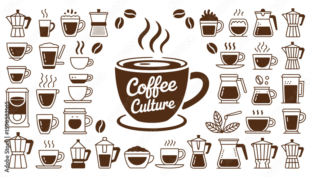 Fototapeta premium Set of hot coffee and tea cup icons: a seamless vector illustration of cafe beverage symbols