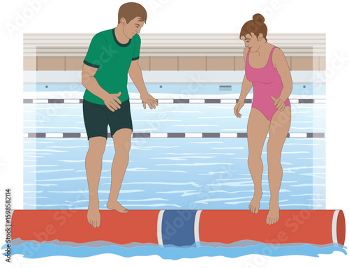 log rolling, competitors male and female rollers, sparring on a free-floating log in an indoor pool