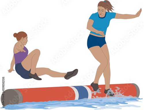 log rolling, two female competitors sparring on a free-floating log with one roller falling off the log, isolated on a white background