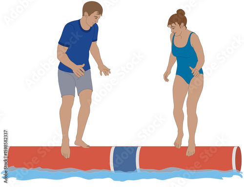 log rolling, competitors male and female rollers, sparring on a free-floating log isolated on water, isolated on a white background