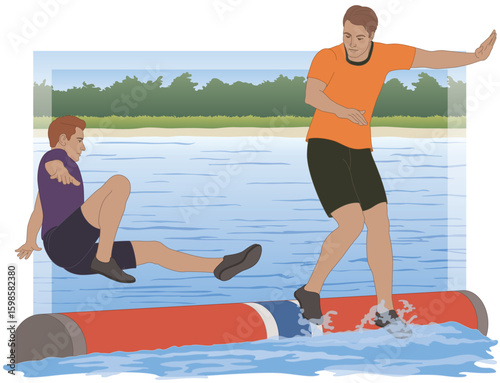 log rolling, two male competitors sparring on a free-floating log on open water with one roller falling off the log