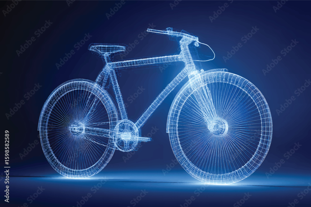 Fototapeta premium A blue bicycle made of lines and shapes, against a blue background