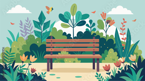 A charming wooden bench nestled ast a lush garden offers a peaceful spot to sit and sketch the variety of plants and flowers surrounding it. The sound. Vector illustration