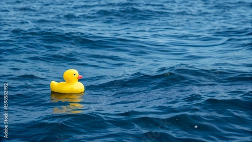Yellow rubber duck adrift on a dark blue water surface.