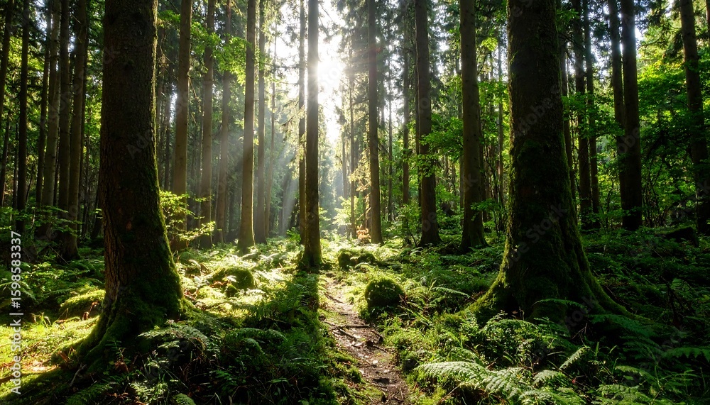 Obraz premium Sunlight streams through dense, mossy forest