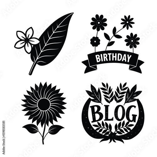 Vector art of a collection of black and white floral and text silhouette designs