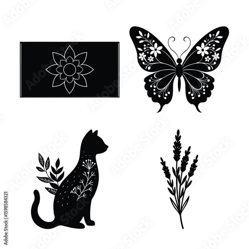 Vector art of a compilation of four black and white silhouette designs including a