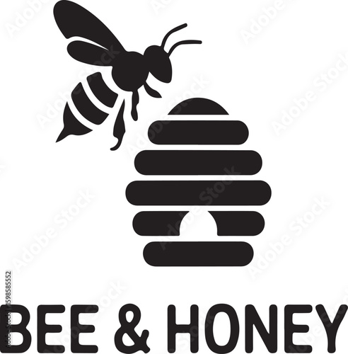 Simple beehive logo with honey bee and typography for apiculture and sweet products