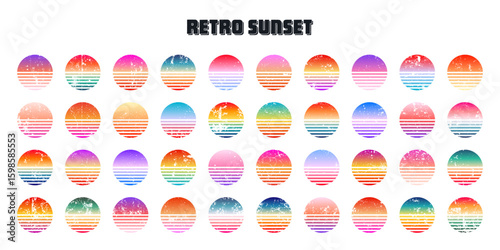 Grunge vintage colorful sunset. Striped gradient sunrise badges in 80s and 90s style. Sun and ocean view, summer vibes, surfing. Design element for print, logo or t-shirt. Vector illustration