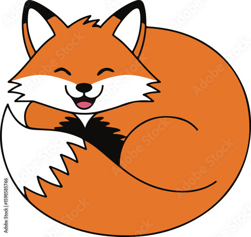Adorable smiling cartoon fox curled up in a cozy sleeping position illustration