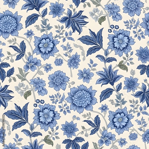 Elegant floral pattern with blue flowers and leaves on a light background