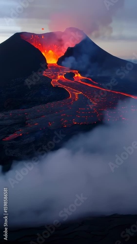 Spectacular volcanic eruption with flowing lava and dense smoke clouds, aerial view of active volcano during sunset