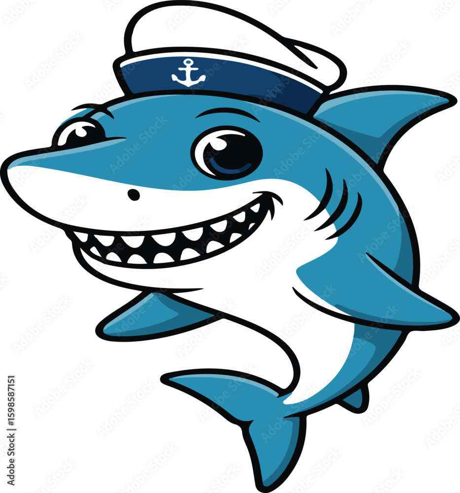 Cartoon illustration of a friendly smiling shark wearing a navy sailor hat with an anchor Cartoon illustration of a friendly smiling shark wearing a navy sailor hat with an anchor