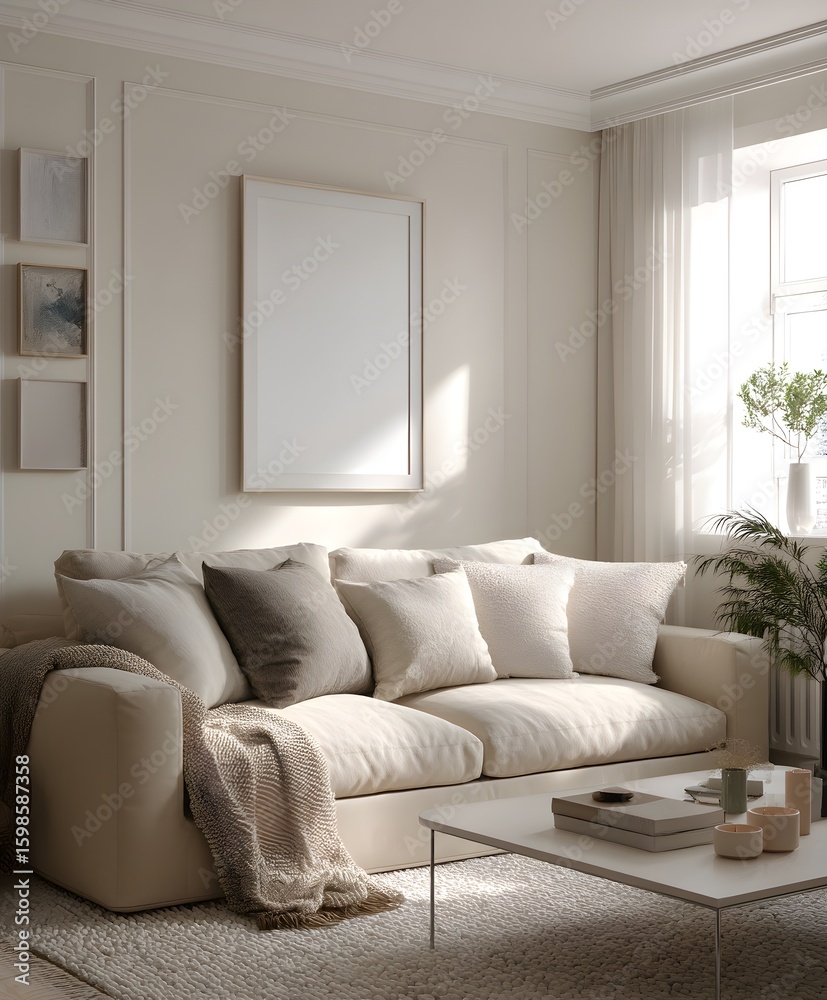Fototapeta premium Minimalist Beige Living Room with Cozy Sofa and Natural Light
